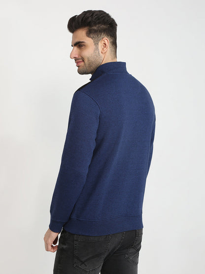 Parx Men Blue Solid Regular Fit Cotton Blend Full Sleeve High Neck Collar Sweatshirt