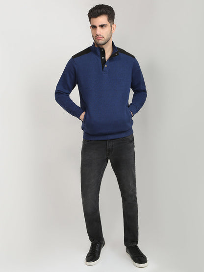 Parx Men Blue Solid Regular Fit Cotton Blend Full Sleeve High Neck Collar Sweatshirt
