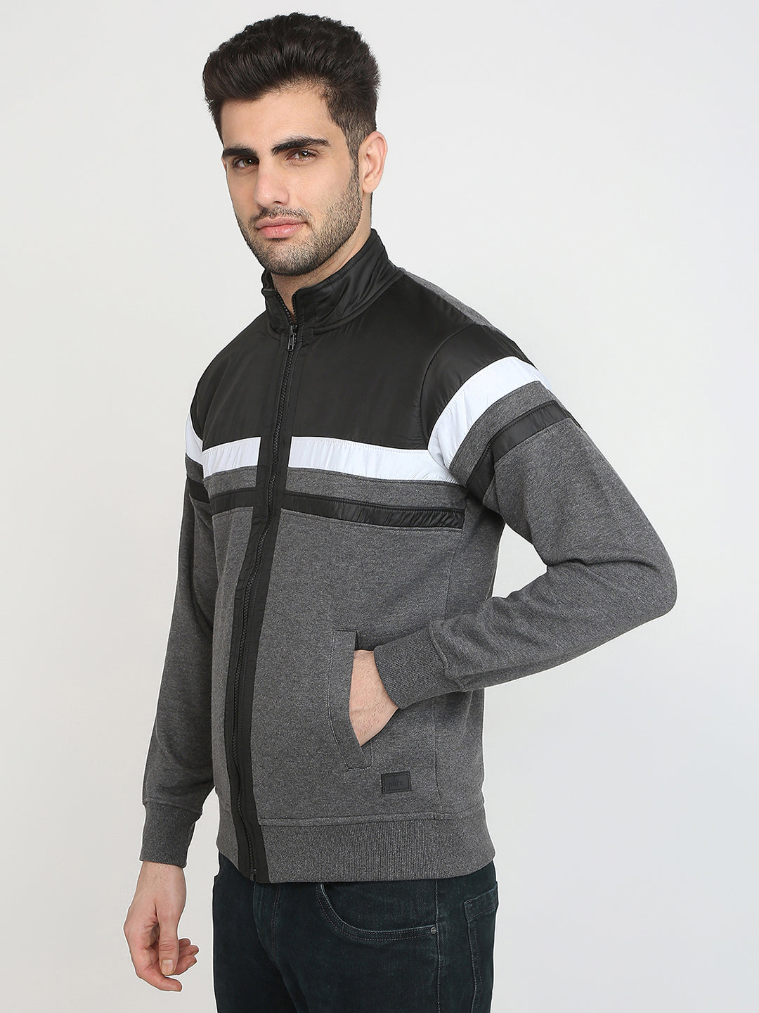 Parx Men Grey Cut & Sew Regular Fit Cotton Blend Full Sleeve High Neck Collar Sweatshirt