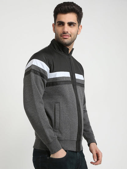 Parx Men Grey Cut & Sew Regular Fit Cotton Blend Full Sleeve High Neck Collar Sweatshirt