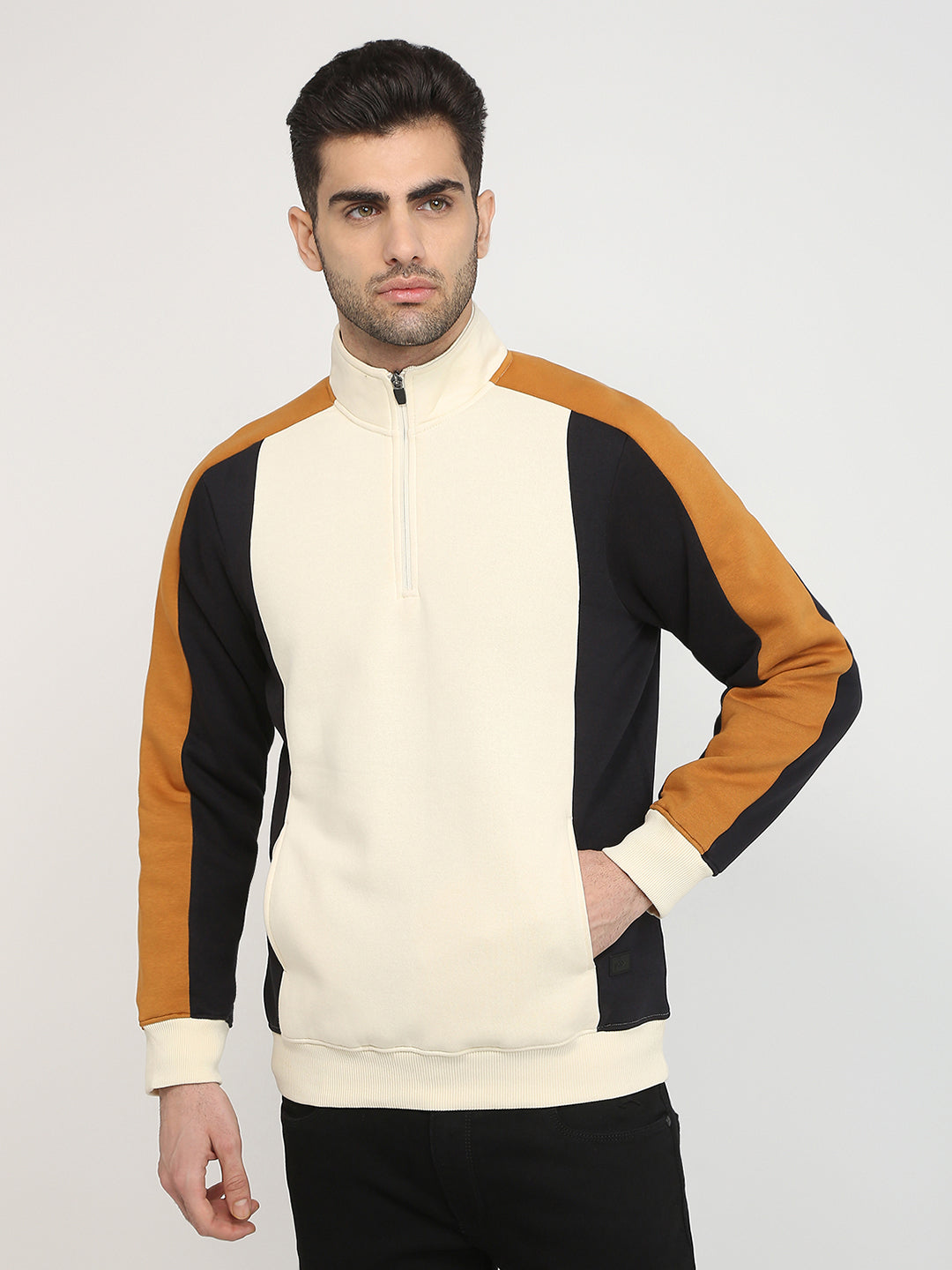 Parx Men Yellow Cut & Sew Regular Fit Cotton Blend Full Sleeve High Neck Collar Sweatshirt