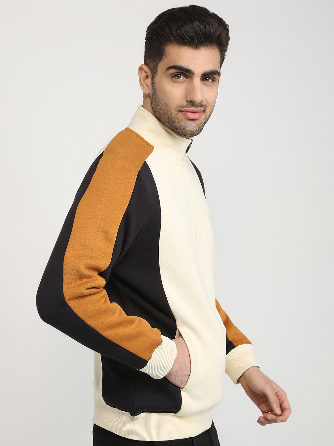 Parx Men Yellow Cut & Sew Regular Fit Cotton Blend Full Sleeve High Neck Collar Sweatshirt