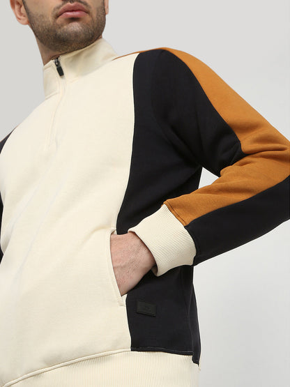 Parx Men Yellow Cut & Sew Regular Fit Cotton Blend Full Sleeve High Neck Collar Sweatshirt