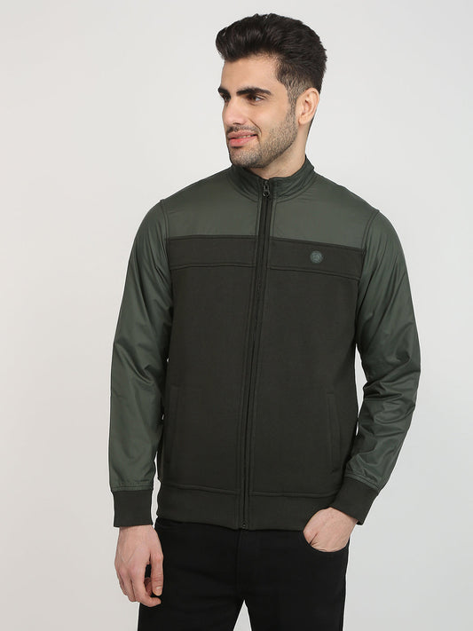 Parx Men Green Cut & Sew Regular Fit Cotton Blend Full Sleeve High Neck Collar Sweatshirt