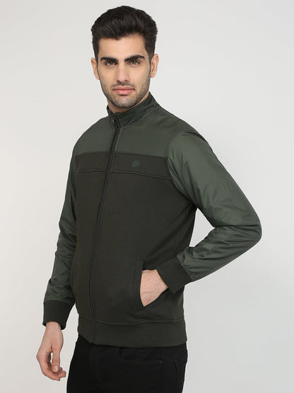 Parx Men Green Cut & Sew Regular Fit Cotton Blend Full Sleeve High Neck Collar Sweatshirt