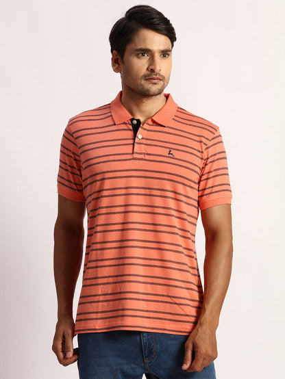 Parx Men Orange Yarn Dyed Regular Fit Half Sleeve Polo Neck T-Shirt