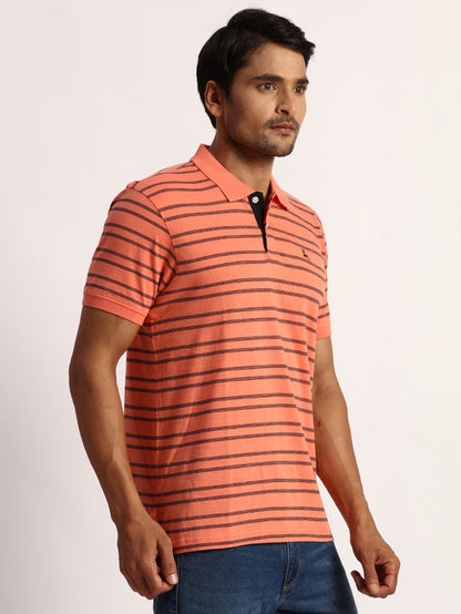 Parx Men Orange Yarn Dyed Regular Fit Half Sleeve Polo Neck T-Shirt