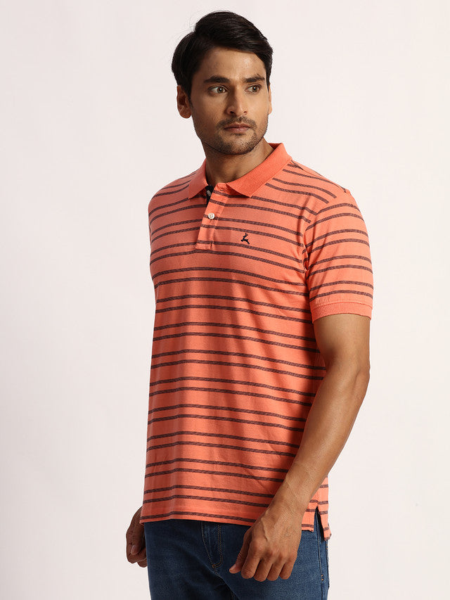 Parx Men Orange Yarn Dyed Regular Fit Half Sleeve Polo Neck T-Shirt