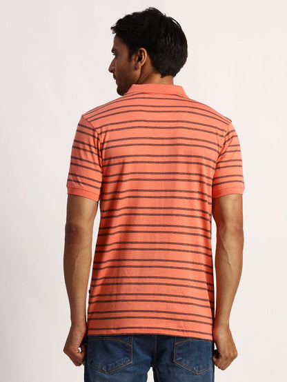 Parx Men Orange Yarn Dyed Regular Fit Half Sleeve Polo Neck T-Shirt