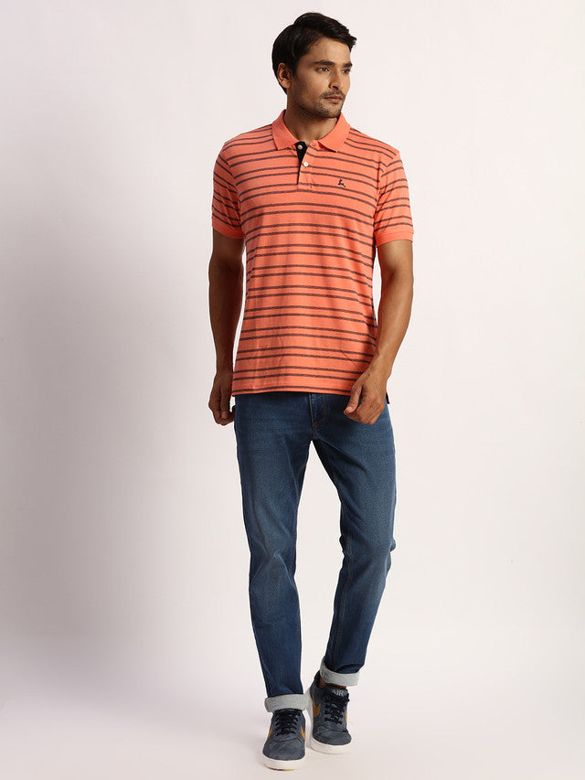 Parx Men Orange Yarn Dyed Regular Fit Half Sleeve Polo Neck T-Shirt