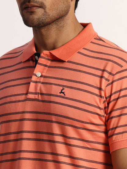 Parx Men Orange Yarn Dyed Regular Fit Half Sleeve Polo Neck T-Shirt