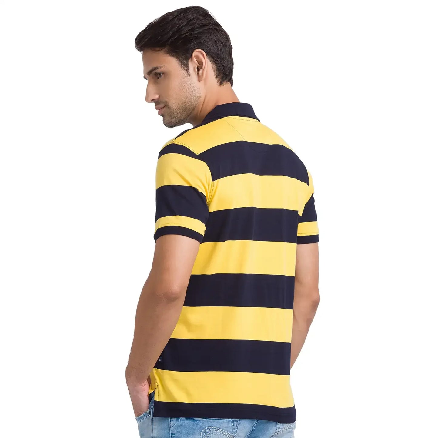 Men Yellow Regular Fit Yarn Dyed Cotton Round Neck Collar Polo T-Shirt