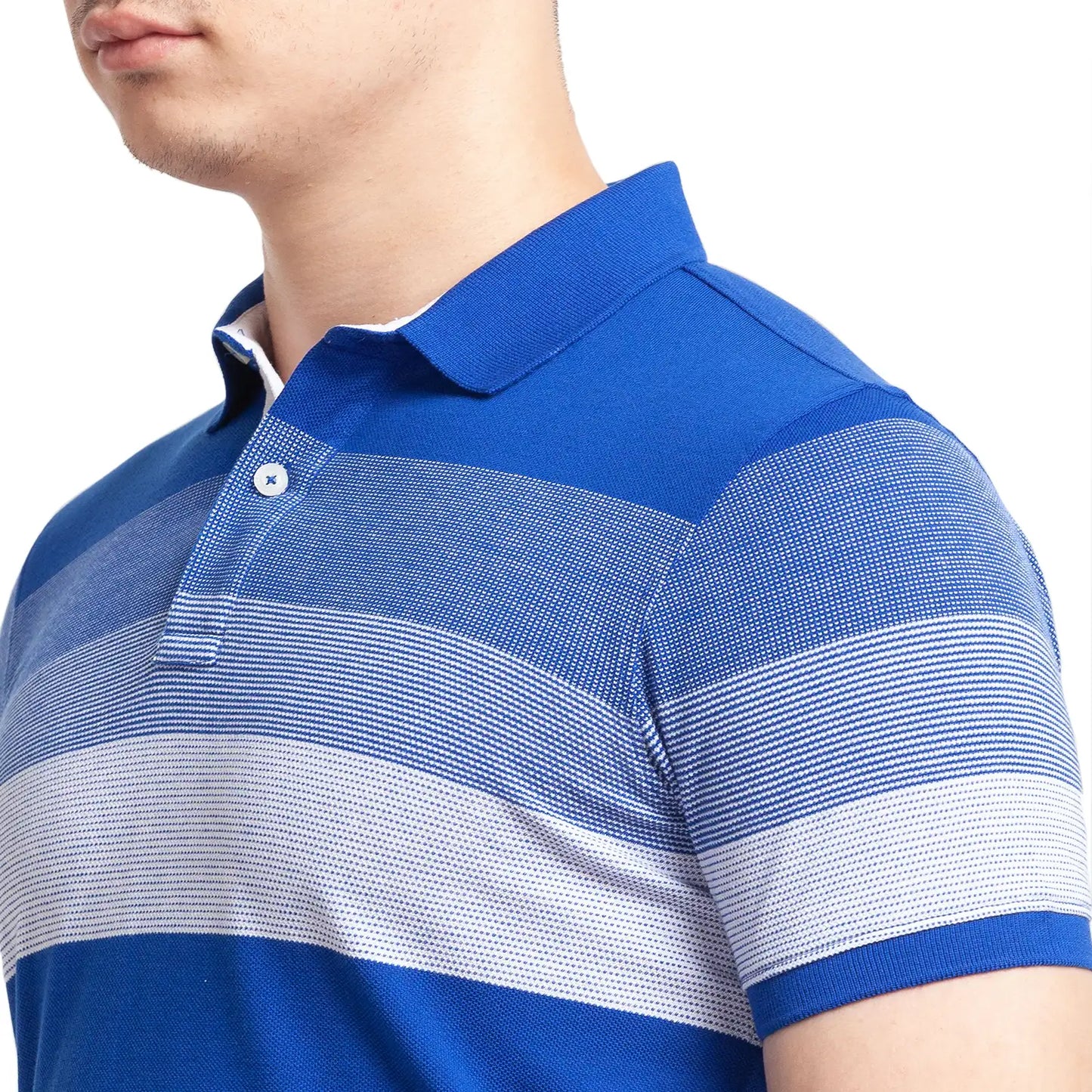 Men Blue Regular Fit Jacquard Cotton Round Neck Collar Polo T-Shirt