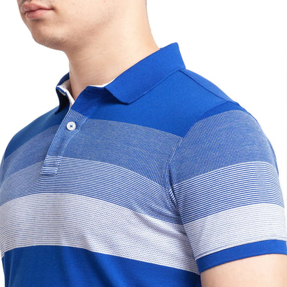 Men Blue Regular Fit Jacquard Cotton Round Neck Collar Polo T-Shirt