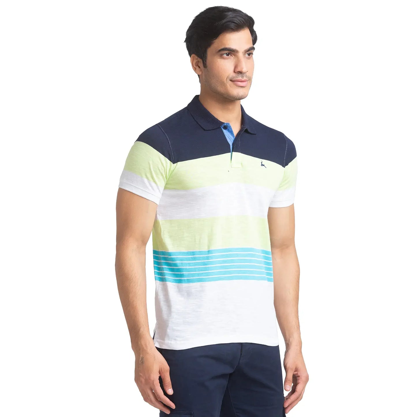 Men Blue Regular Fit Yarn Dyed Cotton Round Neck Collar Polo T-Shirt