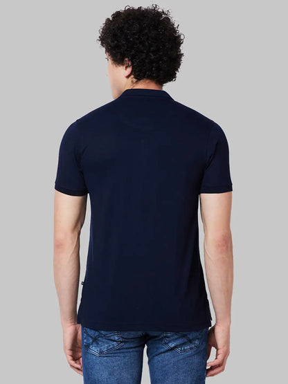 Men Blue Regular Fit Solid Polyester Blend Round Neck Collar Polo T-Shirt