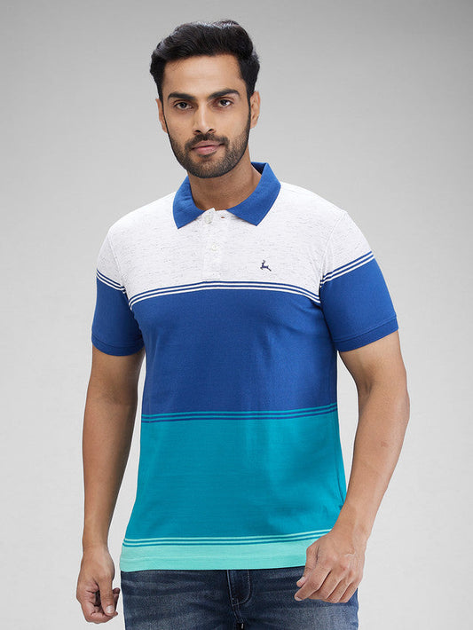 Parx Blue Yarn Dyed Regular Fit Cotton Blend T-Shirt