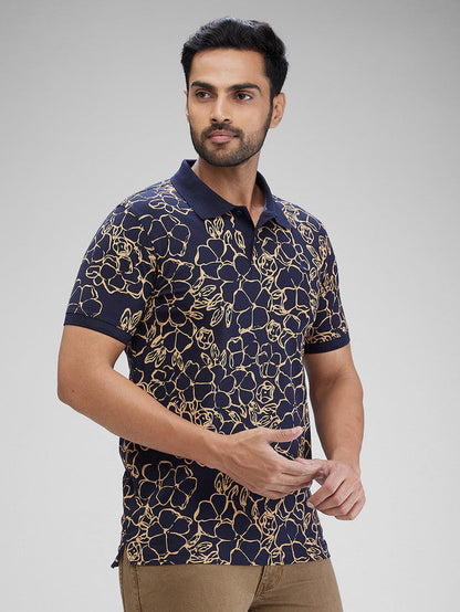 Parx Blue Printed Regular Fit Cotton T-Shirt