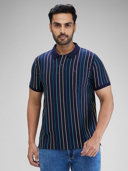 Parx Blue Yarn Dyed Regular Fit Cotton T-Shirt