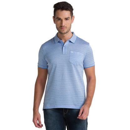 Men Blue Regular Fit Jacquard Cotton Round Neck Collar Polo T-Shirt