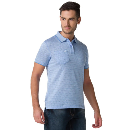 Men Blue Regular Fit Jacquard Cotton Round Neck Collar Polo T-Shirt