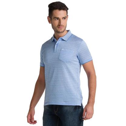 Men Blue Regular Fit Jacquard Cotton Round Neck Collar Polo T-Shirt