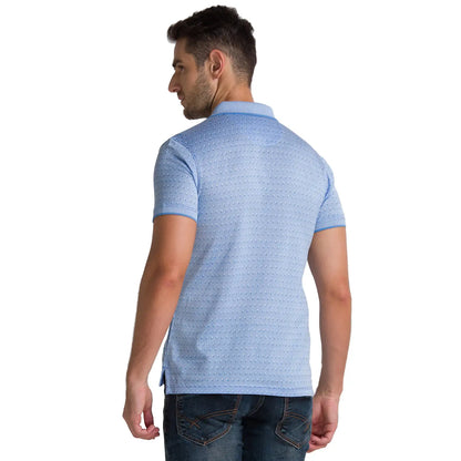 Men Blue Regular Fit Jacquard Cotton Round Neck Collar Polo T-Shirt