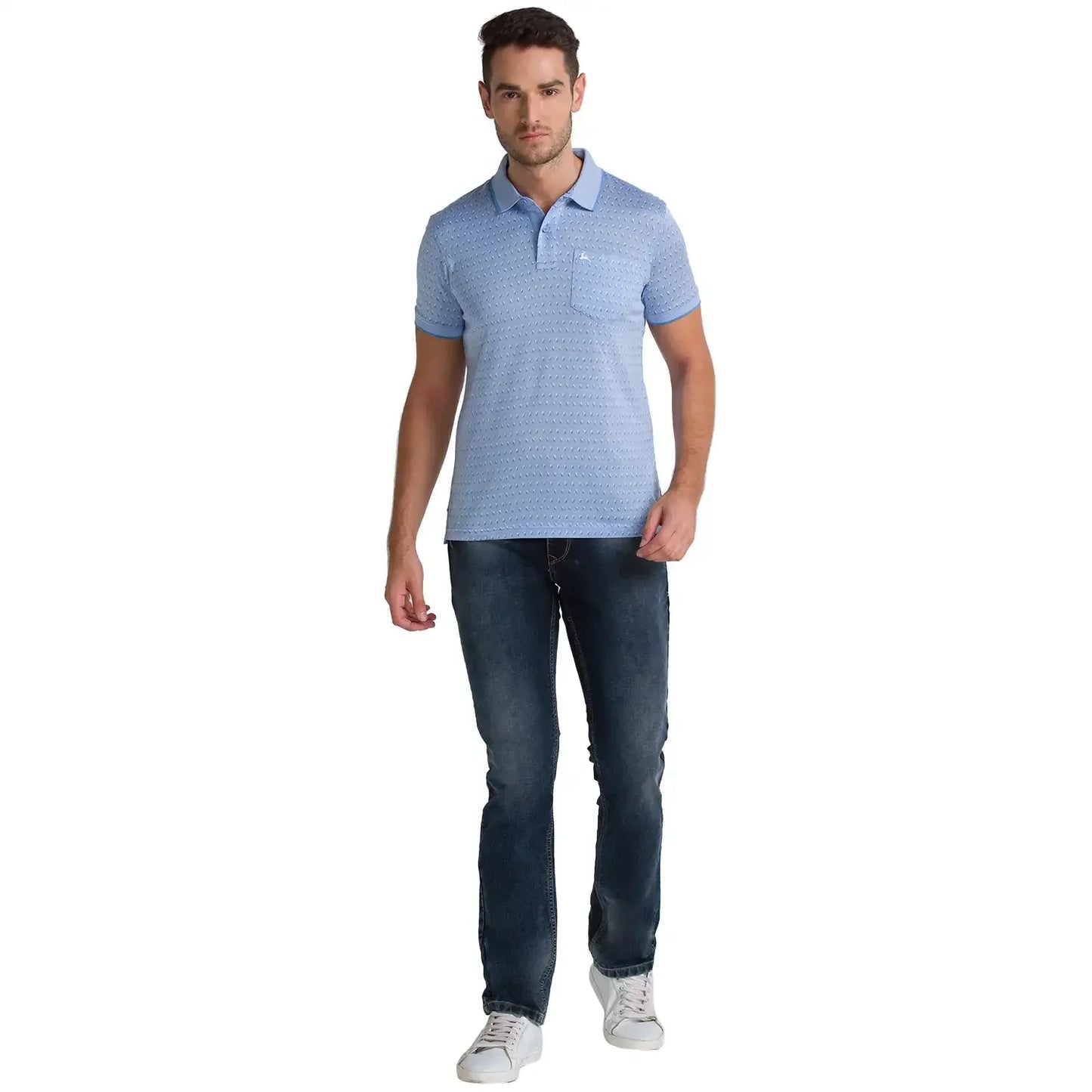 Men Blue Regular Fit Jacquard Cotton Round Neck Collar Polo T-Shirt