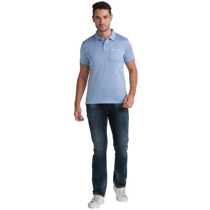 Men Blue Regular Fit Jacquard Cotton Round Neck Collar Polo T-Shirt