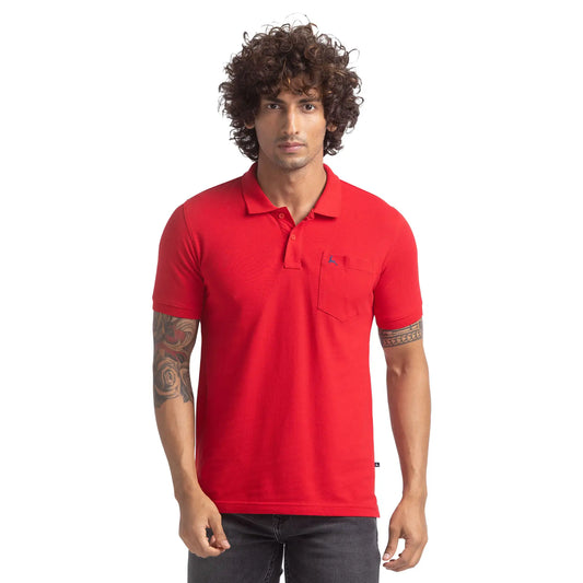 Men Red Regular Fit Solid Cotton Round Neck Collar Polo T-Shirt