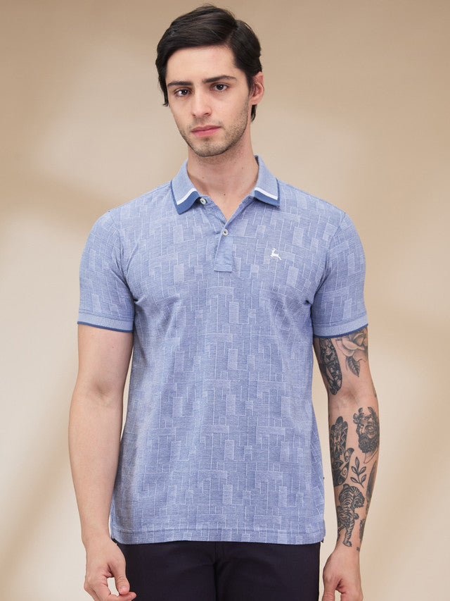 Parx Men Blue Jacquard Regular Fit Cotton T-Shirt