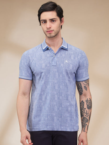 Parx Men Blue Jacquard Regular Fit Cotton T-Shirt