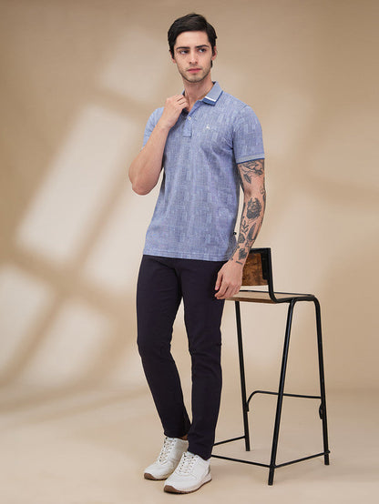 Parx Men Blue Jacquard Regular Fit Cotton T-Shirt