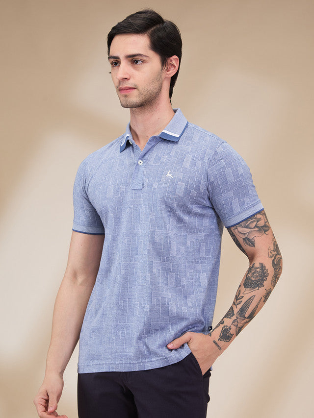 Parx Men Blue Jacquard Regular Fit Cotton T-Shirt
