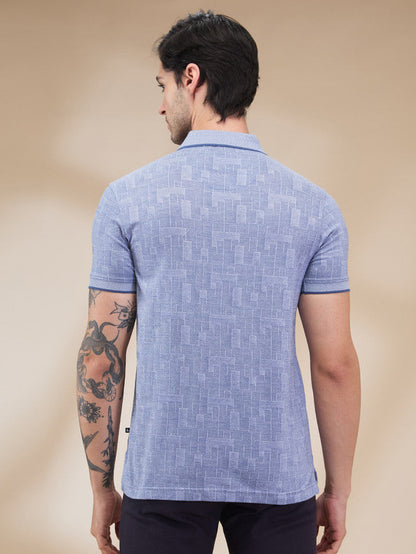 Parx Men Blue Jacquard Regular Fit Cotton T-Shirt