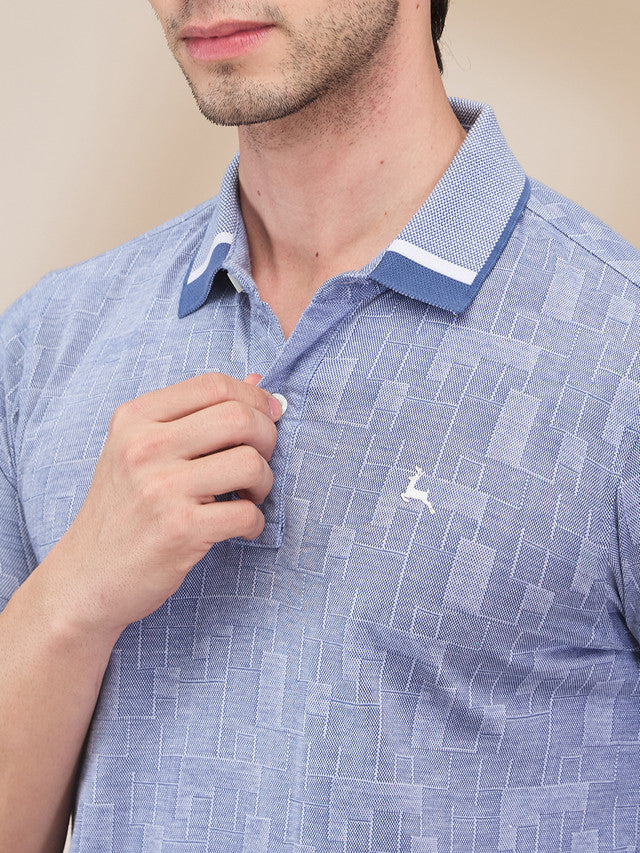 Parx Men Blue Jacquard Regular Fit Cotton T-Shirt