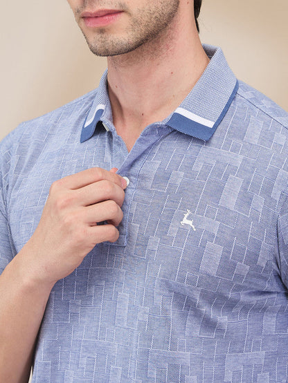 Parx Men Blue Jacquard Regular Fit Cotton T-Shirt