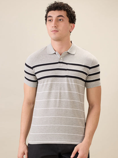 Parx Men Grey Yarn Dyed Regular Fit Cotton Blend Half Sleeve T-Shirt