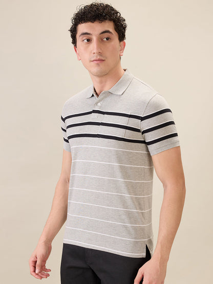 Parx Men Grey Yarn Dyed Regular Fit Cotton Blend Half Sleeve T-Shirt