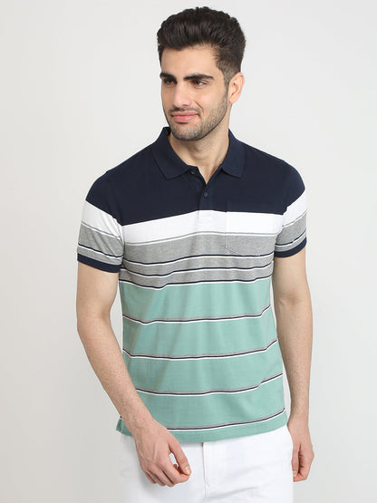 Parx Men Blue Yarn Dyed Regular Fit Cotton Blend T-Shirt