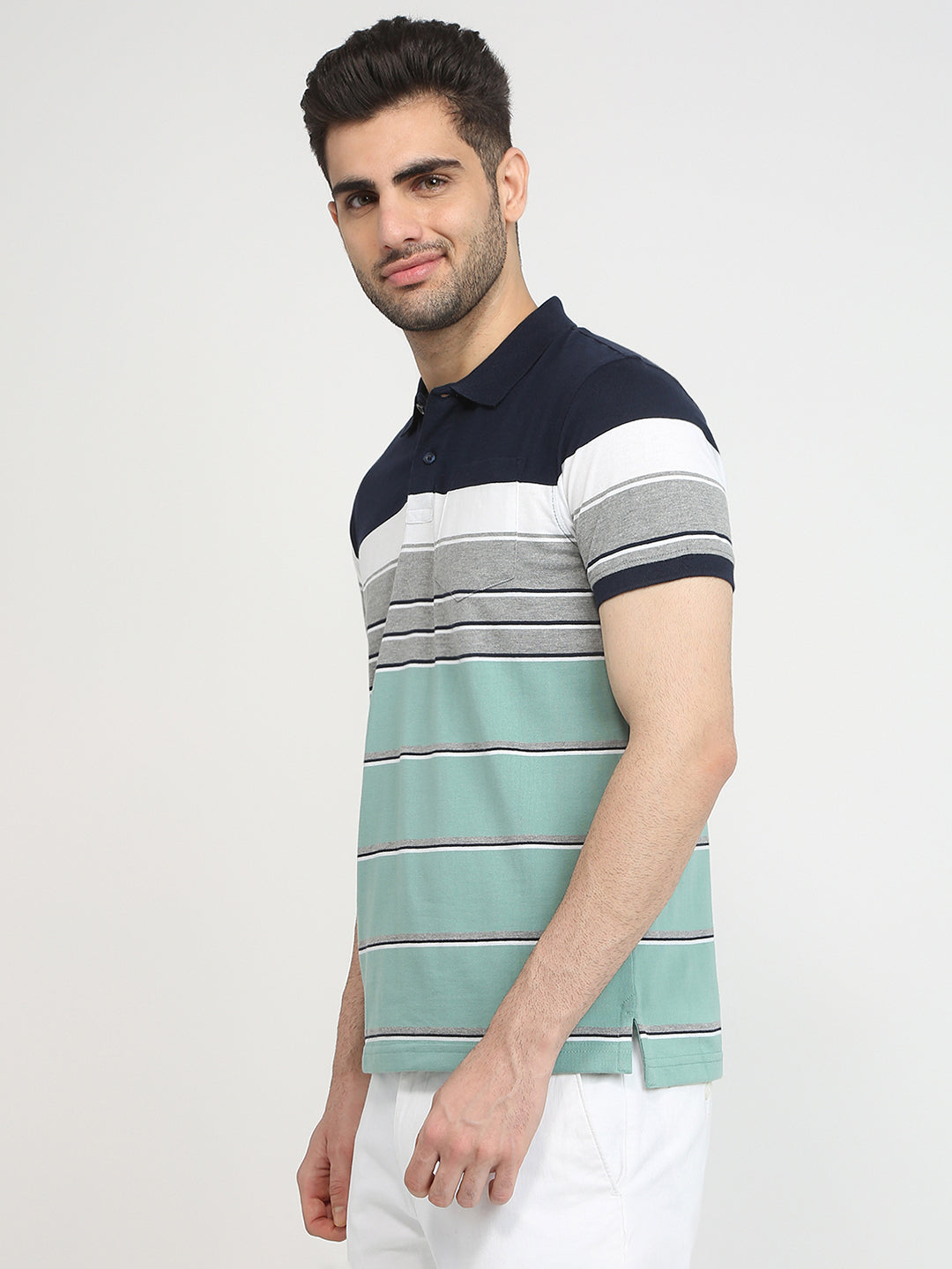 Parx Men Blue Yarn Dyed Regular Fit Cotton Blend T-Shirt