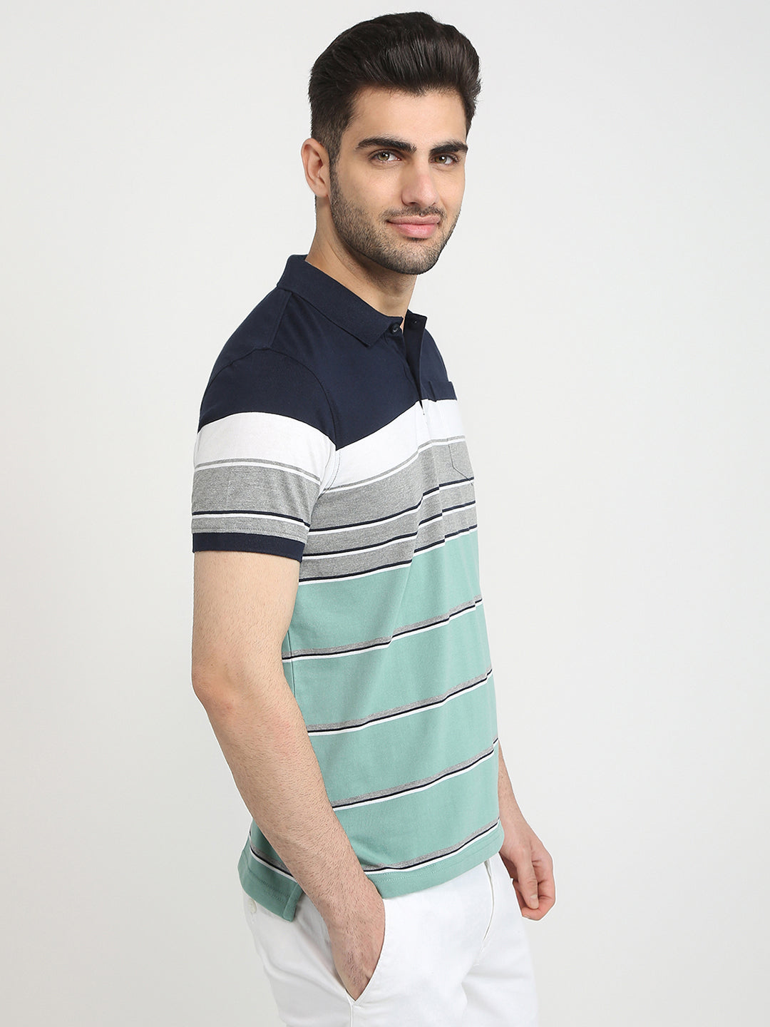 Parx Men Blue Yarn Dyed Regular Fit Cotton Blend T-Shirt