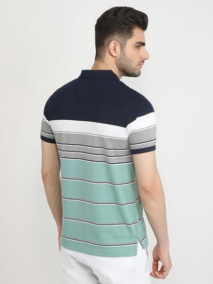 Parx Men Blue Yarn Dyed Regular Fit Cotton Blend T-Shirt