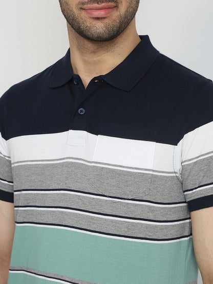 Parx Men Blue Yarn Dyed Regular Fit Cotton Blend T-Shirt