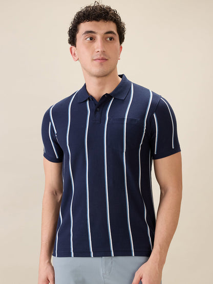 Parx Men Blue Yarn Dyed Regular Fit Cotton Blend Half Sleeve T-Shirt