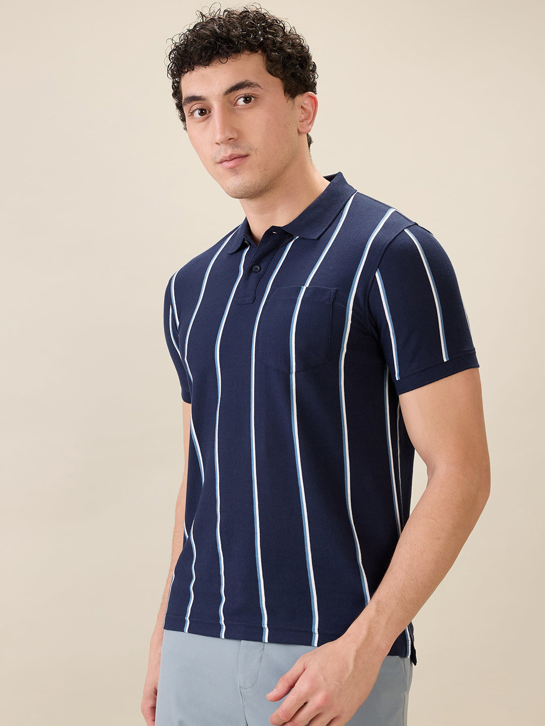 Parx Men Blue Yarn Dyed Regular Fit Cotton Blend Half Sleeve T-Shirt