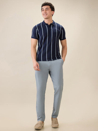 Parx Men Blue Yarn Dyed Regular Fit Cotton Blend Half Sleeve T-Shirt