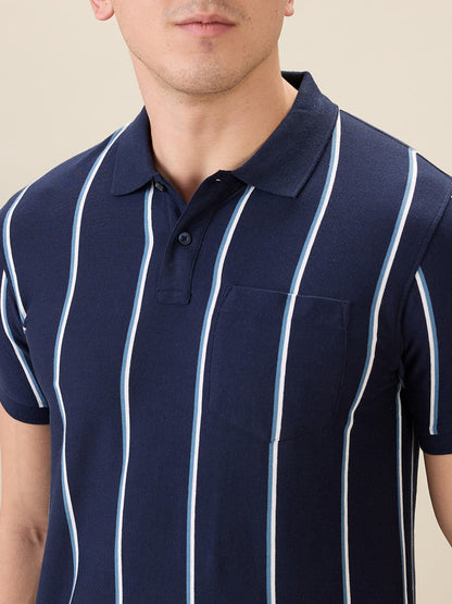 Parx Men Blue Yarn Dyed Regular Fit Cotton Blend Half Sleeve T-Shirt