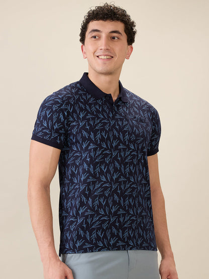 Parx Men Blue Printed Regular Fit Cotton Blend Half Sleeve T-Shirt