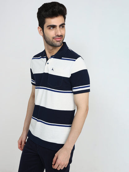 Parx Men Blue Yarn Dyed Regular Fit Cotton Blend Half Sleeve T-Shirt